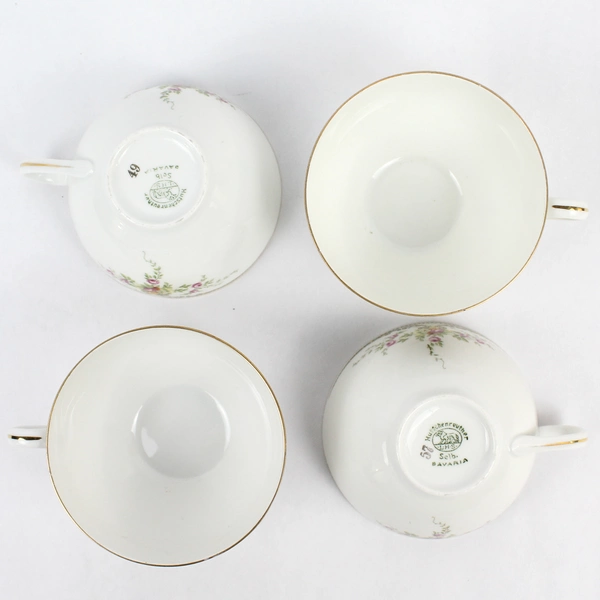 Lot of 4 Hutschenreuther Cups And 5 Saucers White With Pink Flowers Bavaria