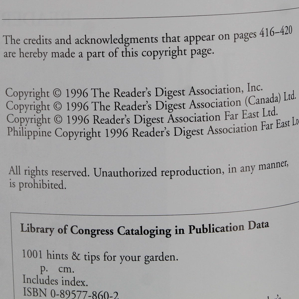 1001 Hints and Tips for Your Garden 1998 Reader's Digest Hardcover