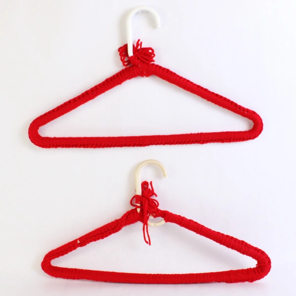 Lot of 2 Vintage Hand Crochet Wire Hangers Standard Sz Red Yarn Decoration