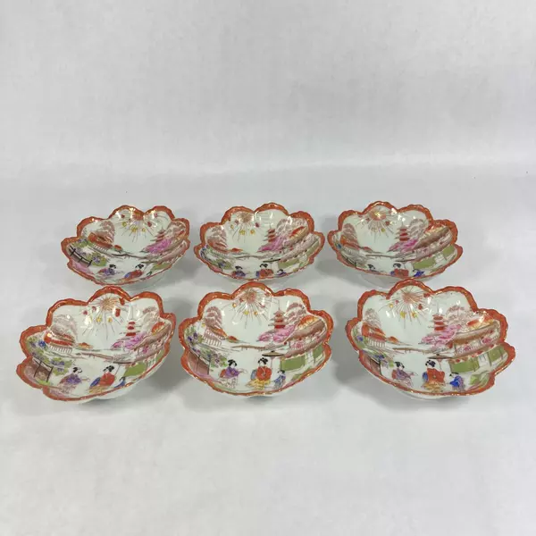 6 Vintage Hand Painted Scalloped Edge Bowls White Brown Trim Geisha Pattern