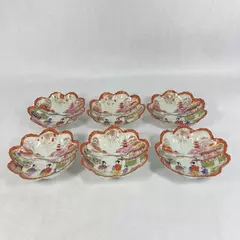 6 Vintage Hand Painted Scalloped Edge Bowls White Brown Trim Geisha Pattern