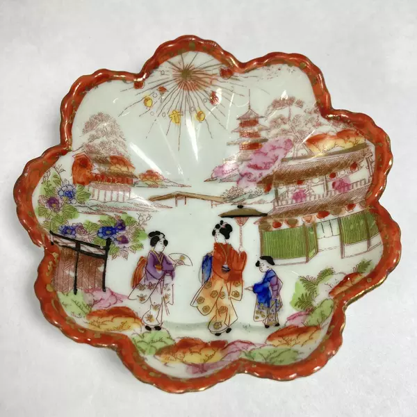 6 Vintage Hand Painted Scalloped Edge Bowls White Brown Trim Geisha Pattern