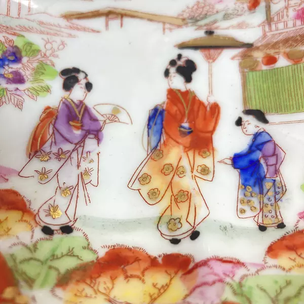 6 Vintage Hand Painted Scalloped Edge Bowls White Brown Trim Geisha Pattern