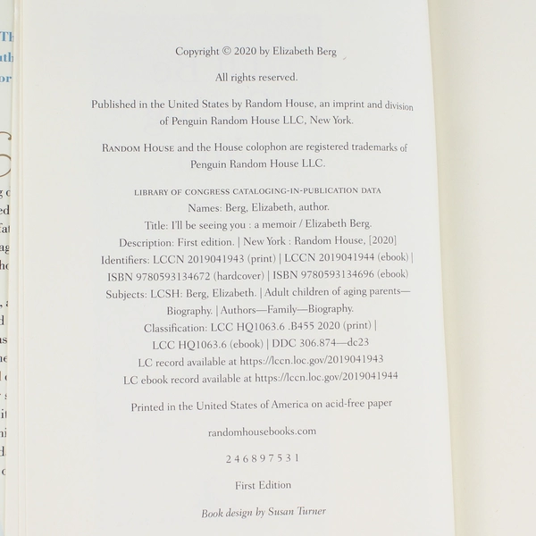 I'll Be Seeing You by Elizabeth Berg 2020 Hardcover Memoir - Good Condition