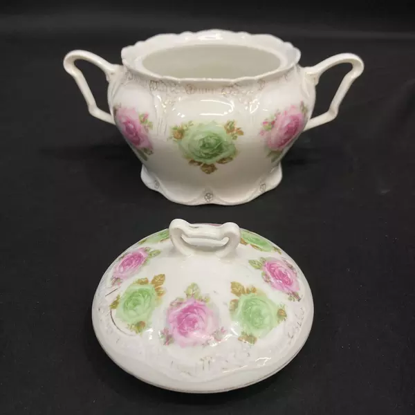 Three Crown Porcelain Footed Covered Bowl With Handles White Gold Trim Roses