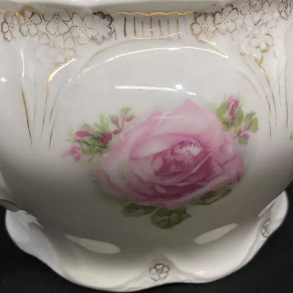 Three Crown Porcelain Footed Covered Bowl With Handles White Gold Trim Roses
