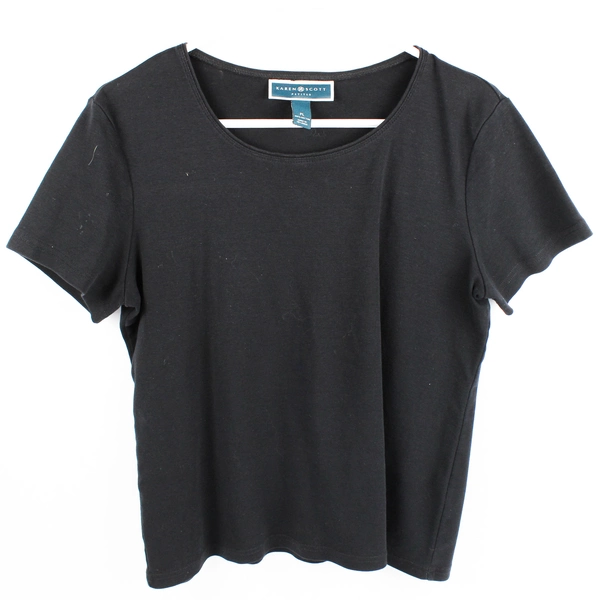 Karen Scott Petite Short Sleeve Shirt Women's Large 100% Cotton Black
