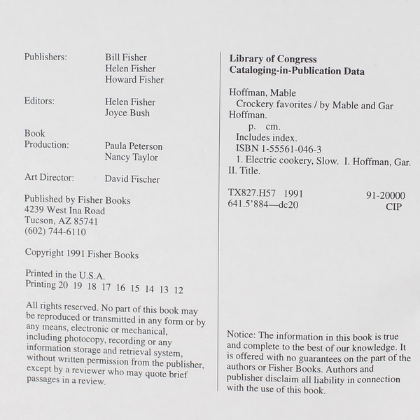 Crockery Favorites by Mable Hoffman 1991 Cookbook - Good Condition