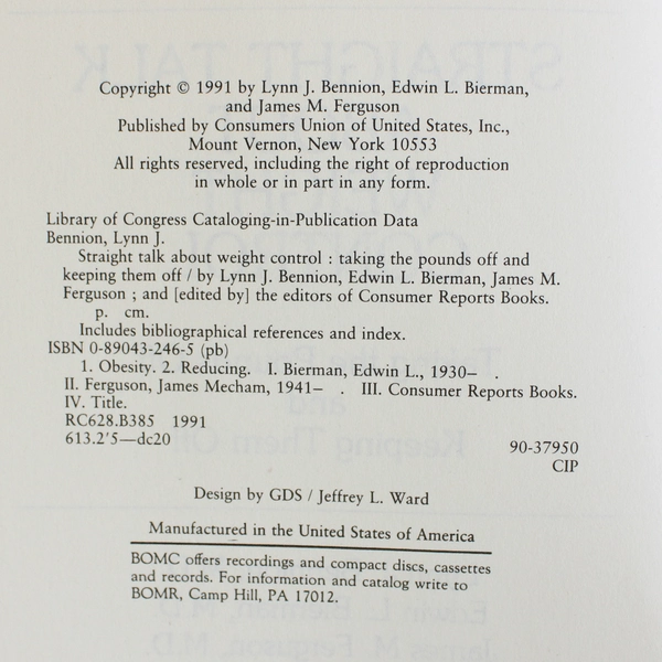 Straight Talk About Weight Control Consumer Reports 1991 Paperback