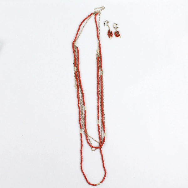 Vintage 4 Strand Handmade Red Seed Bead Necklace & Clip-On Earrings Set