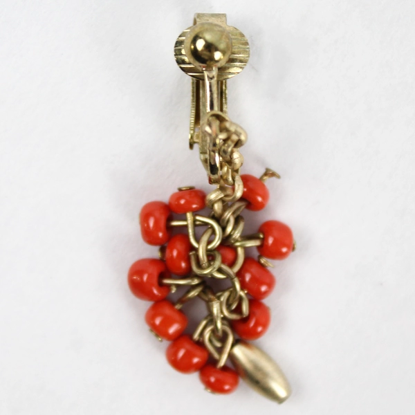 Vintage 4 Strand Handmade Red Seed Bead Necklace & Clip-On Earrings Set