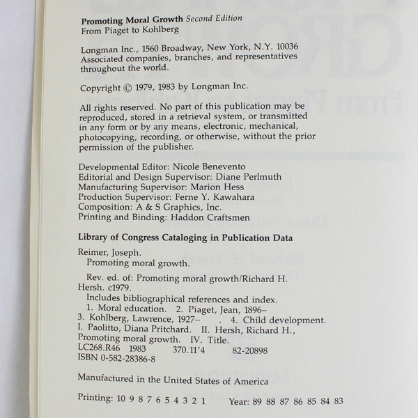 Promoting Moral Growth: From Piaget to Kohlberg Various Authors 1983 PB