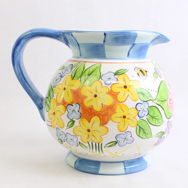 8 Inch Tall Round Ceramic Carolines Garden Pitcher Hand Painted