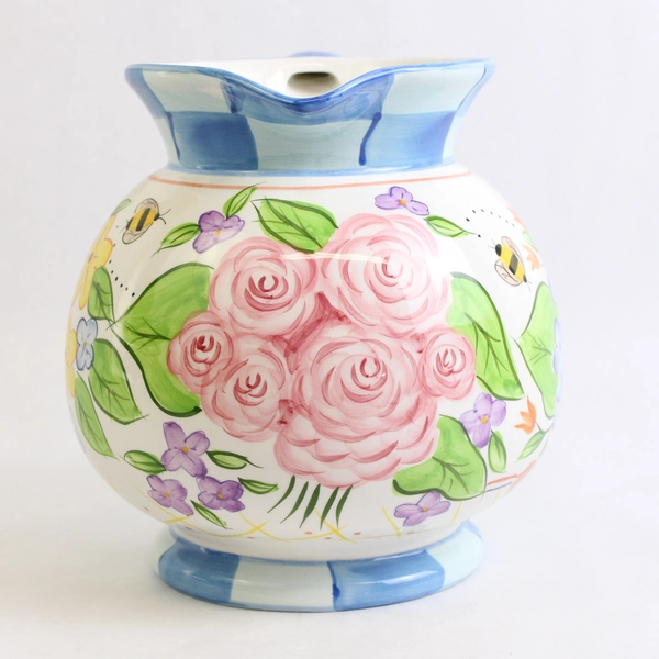 8 Inch Tall Round Ceramic Carolines Garden Pitcher Hand Painted