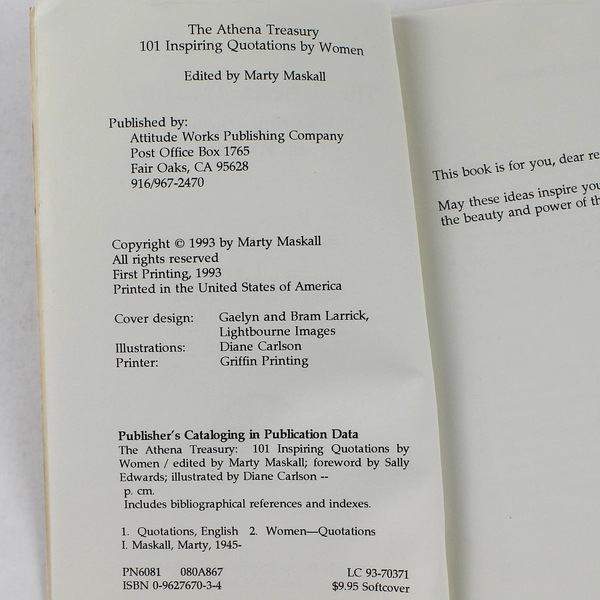 Athena Treasury: 101 Inspiring Quotations by Women, 1993 PB, Good Condition