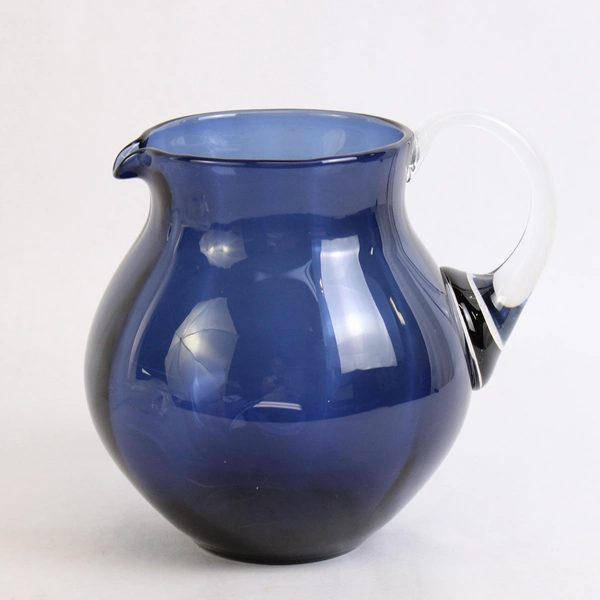 Unmarked Dark Blue Glass Pitcher with Clear Handle 6.5" Tall