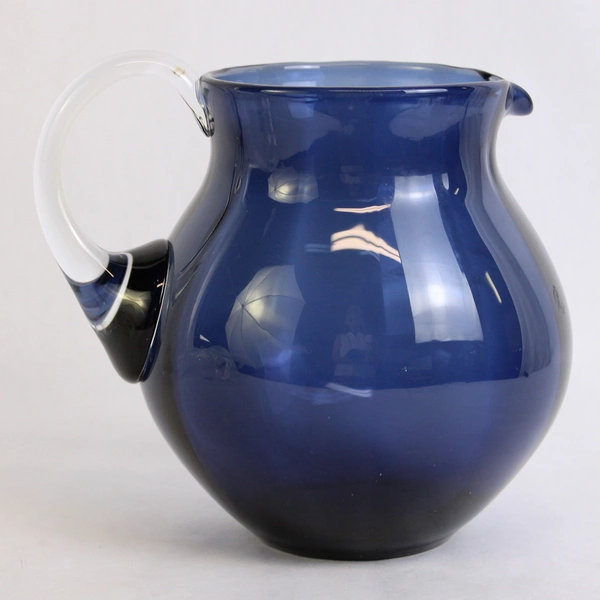 Unmarked Dark Blue Glass Pitcher with Clear Handle 6.5" Tall