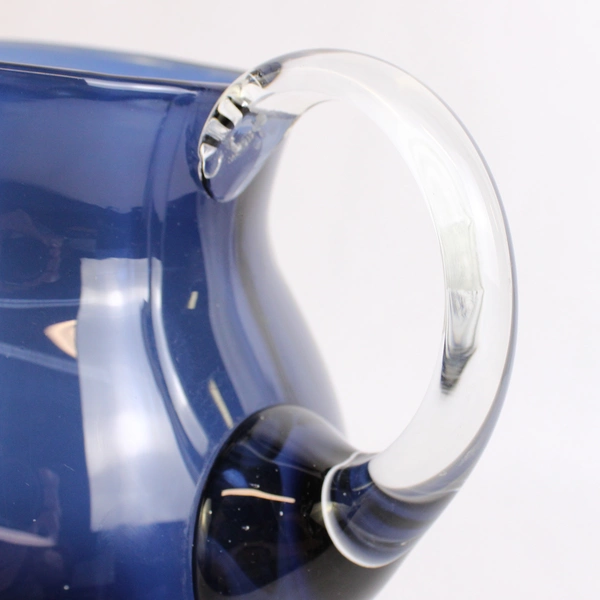 Unmarked Dark Blue Glass Pitcher with Clear Handle 6.5" Tall