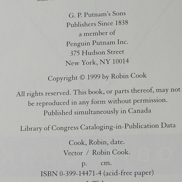 Vector by Robin Cook 1999 Hardcover