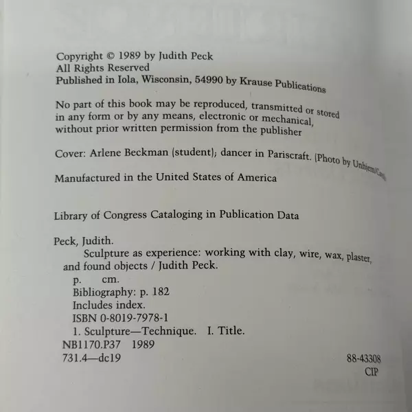 Sculpture As Experience by Judith Peck 1989 Paperback