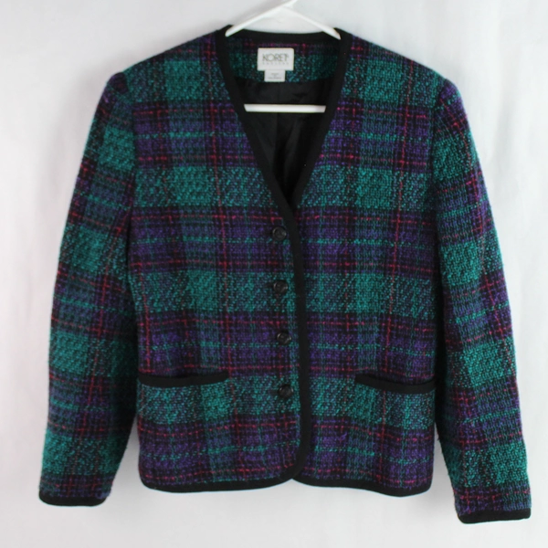 Koret Petites Women's Size 8 Plaid Jacket Green Purple Pink with Shoulder Pads