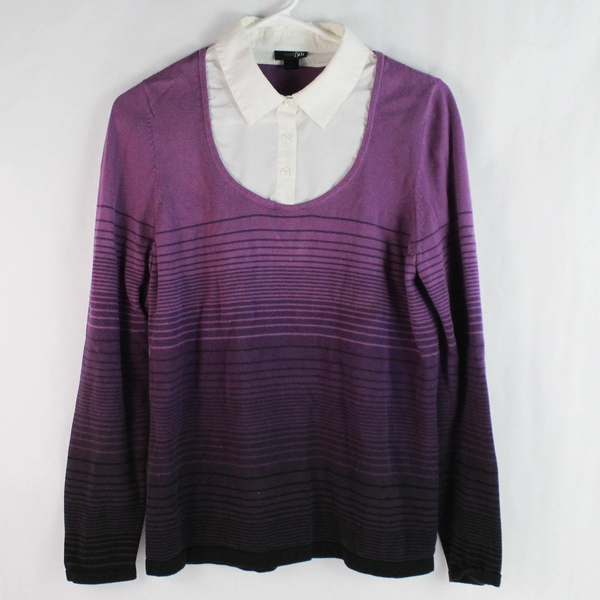 East 5th Purple Striped Sweater with Faux Collar Women's Medium Pre-Owned