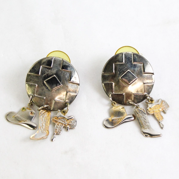 Texas Western Cowboy Button Earrings, Silver Gold Lightweight Metal 1" Diameter