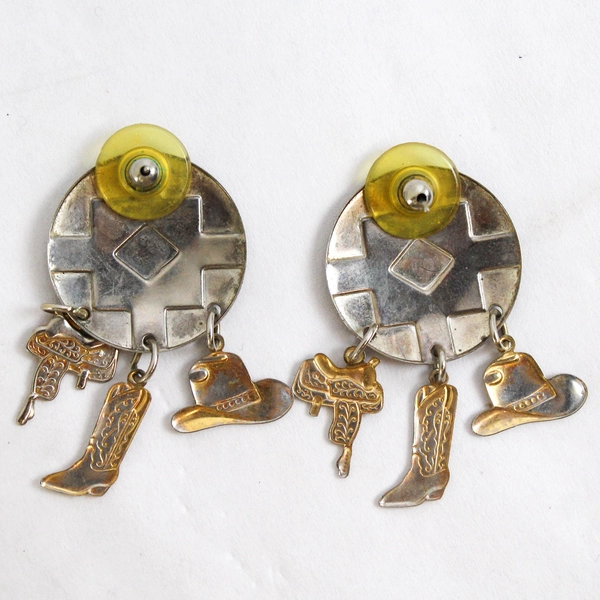 Texas Western Cowboy Button Earrings, Silver Gold Lightweight Metal 1" Diameter