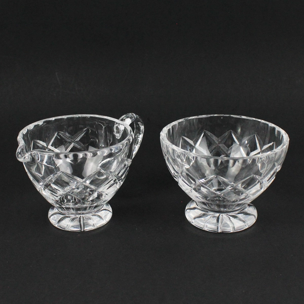 Criss Cross Pattern Footed Crystal Creamer And Sugar Bowl
