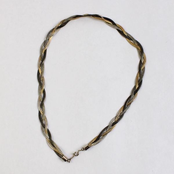 Braided Metal Choker Necklace Herringbone Chain Silver Gold Chrome 18.5"