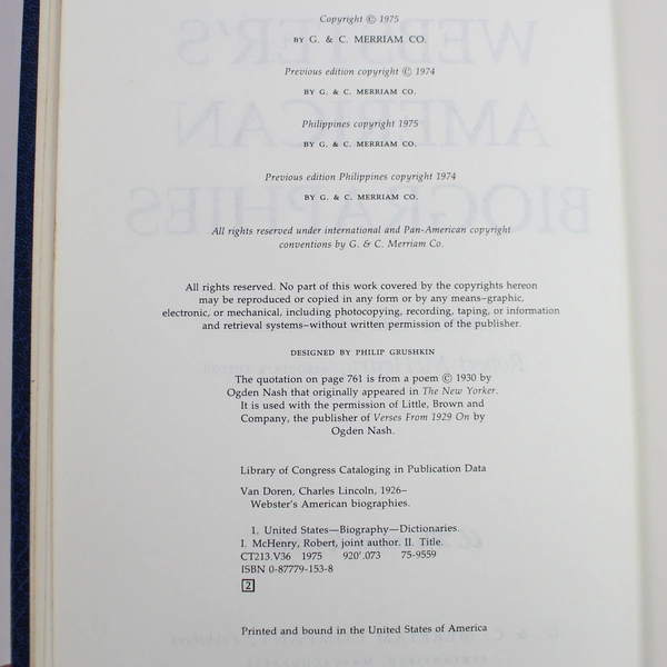 Merriam-Webster's American Biographies 1975 Hardcover - Pre-Owned with Wear