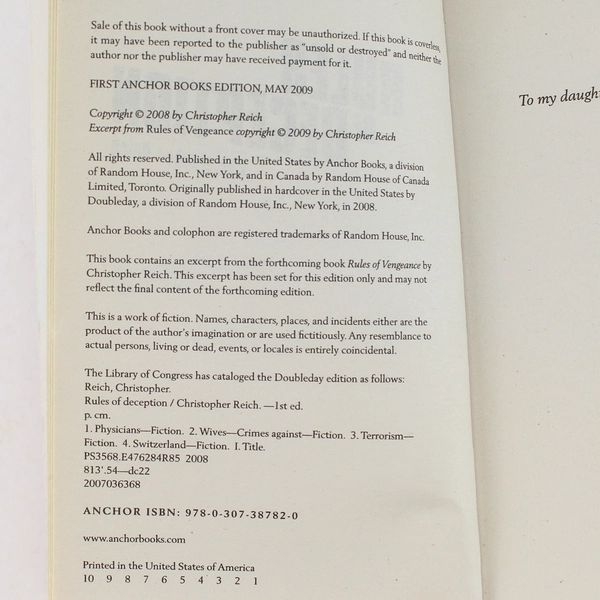 Rules of Deception by Christopher Reich 2009 Paperback - Good Condition Novel