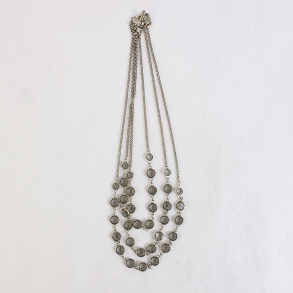 Metal 3-Strand Layered Necklace Cable Chain Silver Gray Faux Gemstones 17.5"