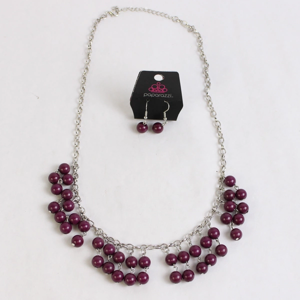 Dangle Earring and Necklace Set, Paparazzi Purple Silver Beads Cable Chain 25.5"
