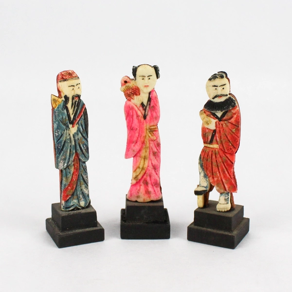  3 Vtg Hand Carved Chinese Stone Figures Mounted On Wood Backs With Wood Bases