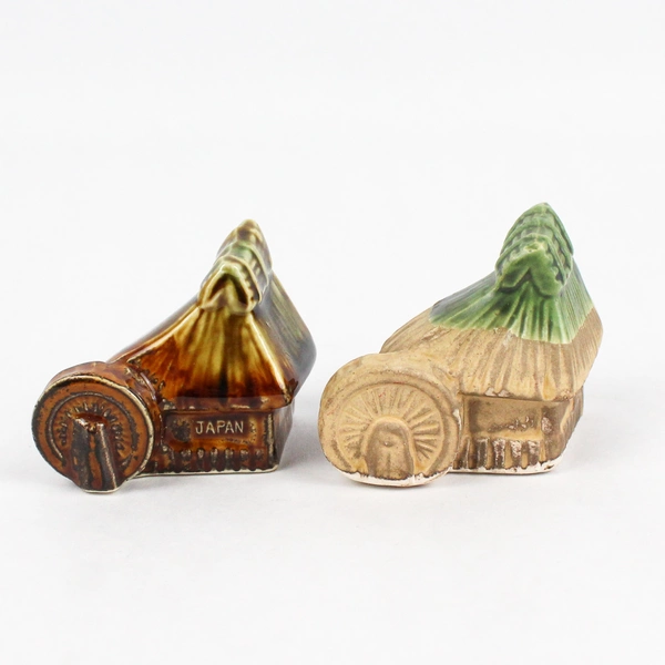 Lot of 2 Ceramic Grain Mill With Water Wheels Figurines From Japan