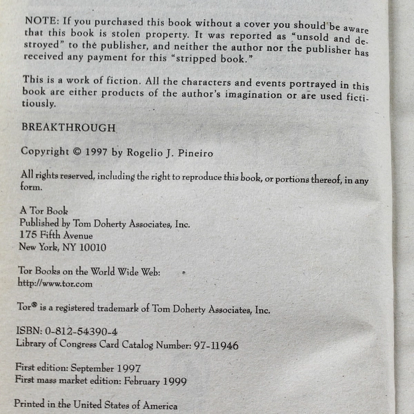 R. J. Pineiro Breakthrough 1999 Sci-Fi Thriller Paperback Good Condition
