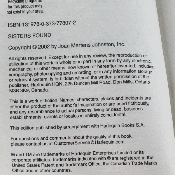 Joan Johnston "Sisters Found" 2013 Harlequin Paperback - Good Condition