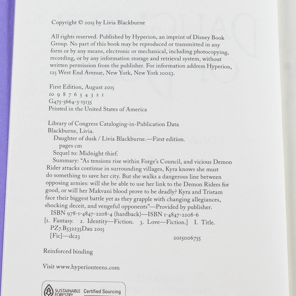 Daughter of Dusk by Livia Blackburne 2016 Hyperion Paperback First Edition