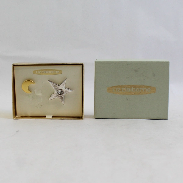 Pair of Liz Claiborne Brooch Pins Gold Moon Silver Star IOB