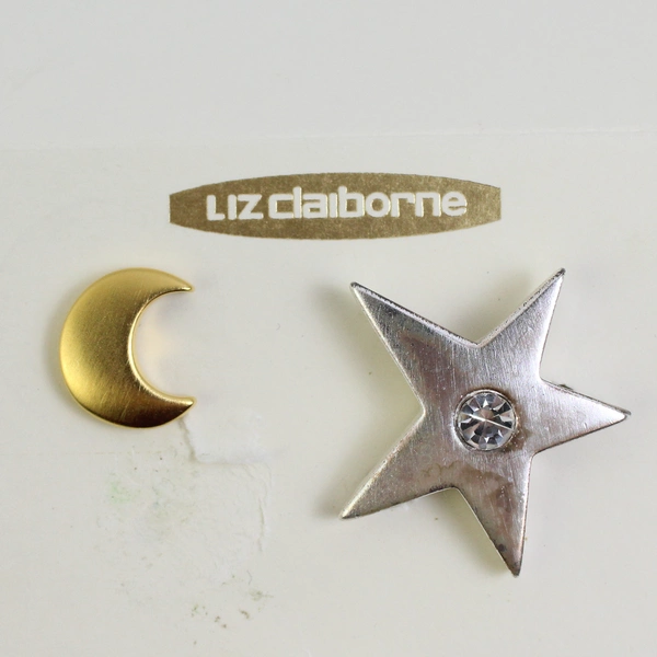 Pair of Liz Claiborne Brooch Pins Gold Moon Silver Star IOB