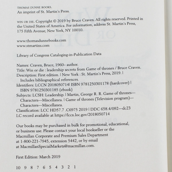 Win or Die by Bruce Craven - Leadership Secrets from Game of Thrones HC