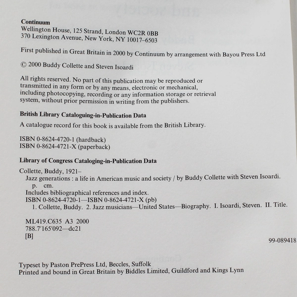 Jazz Generations A Life in American Music and Society Isoardi Collette 2000 PB