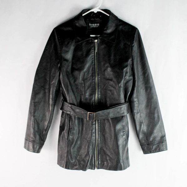 Inspire by Rino & Pelle Women's Black Faux Leather Coat Size 38 - Belted, Lined