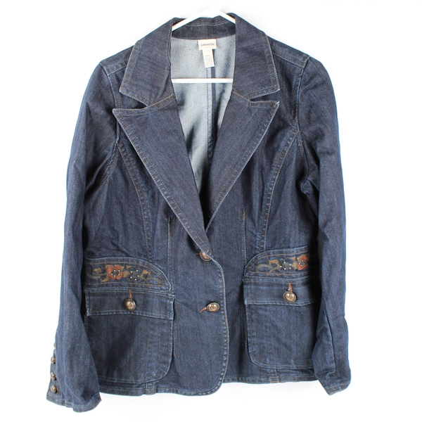 Venezia Embroidered Dark Wash Blue Cotton Blend Denim Blazer Women's 14/16