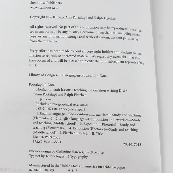 Nonfiction Craft Lessons by Ralph Fletcher & JoAnn Portalupi 2001 Paperback