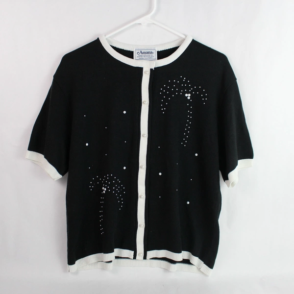 Vintage Amana Woolen Mill Black Cardigan Women's L Faux Pearl Beads