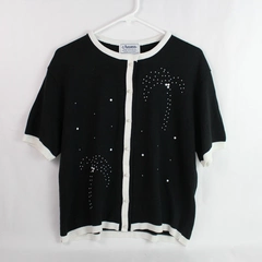 Vintage Amana Woolen Mill Black Cardigan Women's L Faux Pearl Beads
