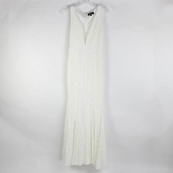 Lulus Long White Floral Lace Plunge Neckline Sleeveless Dress Women's Size Small