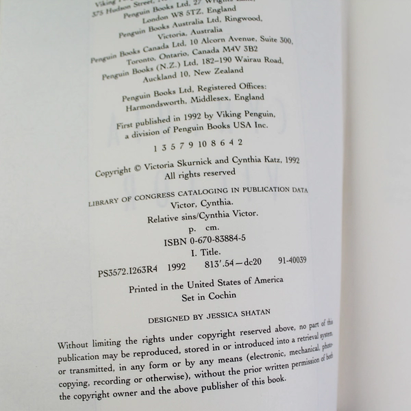 Relative Sins by Cynthia Victor 1992 Hardcover Penguin Group Thriller Worn